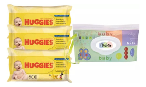 Combo X3 Paquetes De Toallitas Húmedas Huggies Hipoalergénicas Triple Protección Con Extracto De Manzanilla X80 Unidades Con Un Porta Toallitas Nubes Estampa Kinder