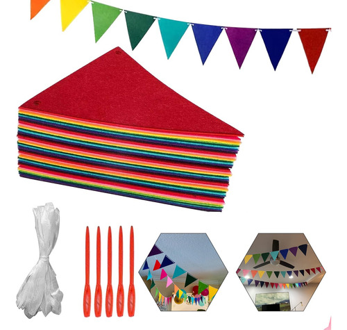 Kit 60 Fiesta Banderín Bandera Triángulo Colorido+15m Cuerda