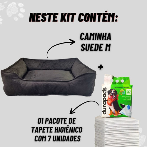 Cama Suede M Pra Cães E Tapete Higiênico 7 Unidades 60x60 Cor Preto Desenho Liso