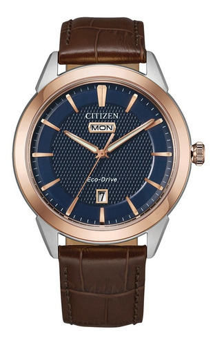 Reloj Citizen Dress Classics Corso Original Hombre Color De La Correa Marrón Oscuro Color Del Bisel Oro Rosa Color Del Fondo Azul