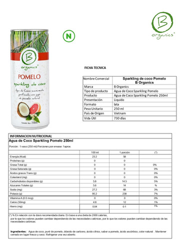 6 Pack Agua De Coco Con Gas 250ml Lima, Pomelo Y Arándanos