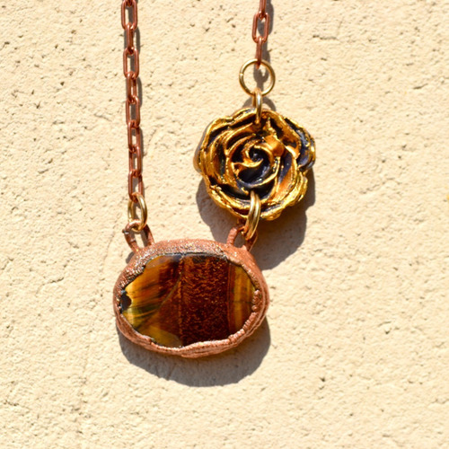 Imagen 4 de 8 de Collar Piedra Natural Ojo De Tigre, Flores Y Cobre, Cod1