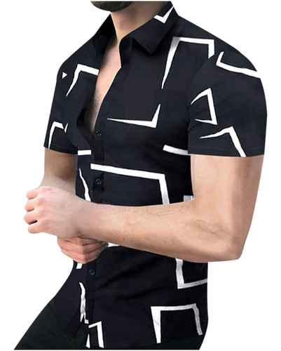B Camisa Hombre Solapa Botón Estampado 3d Casual Slim Fit Sh
