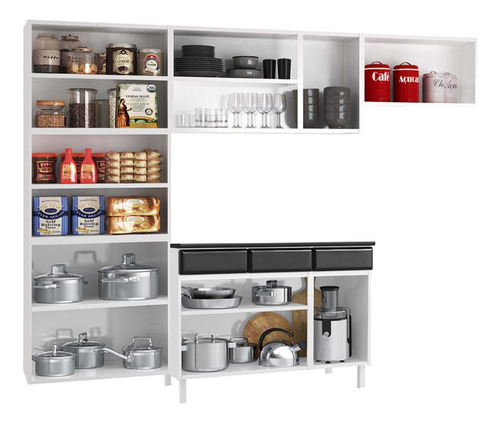 Cozinha Completa Aço 4 Pç Balcão C/tampo Multimóveis Cr20370 Cor Branco/Preto