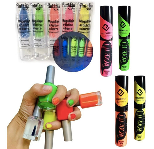 Imagen 1 de 10 de Combo Maquillaje Fluo Pestañas, Esmalte Y Labial Fluor Neon