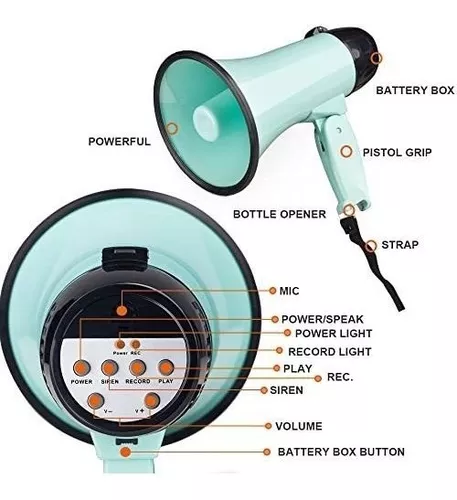 MyMealivos Megáfono portátil Bullhorn de 20 vatios de potencia megáfono  altavoz modos de voz y sirena/alarma con control de volumen y correa (verde