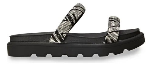Sandália Vizzano feminina preta com duas tiras cravejadas de strass em padrão geométrico, vista lateral direita do calçado.