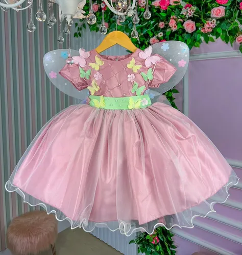 Vestido Jardim Encantado Aplique De Borboletas Rose Asa