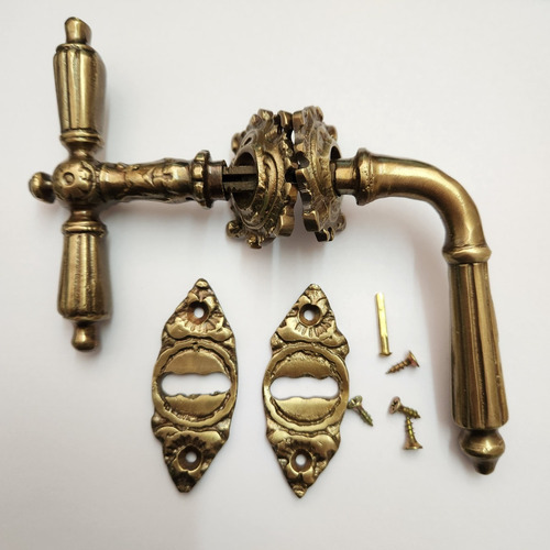 Picaporte Y Pomo Dorado Brillante En Bronce Macizo Artesanal