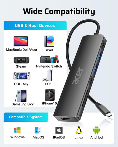 Hub Usb C Acer, Base Usb C A Hdmi 7 En 1, 2 Puertos De Datos