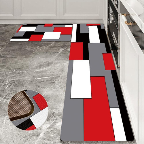 Juego 2 Alfombra Tapete Cocina Negro Blanco Rojo Grise