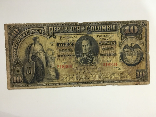 Imagen 1 de 2 de Billete República De Colombia Diez Pesos
