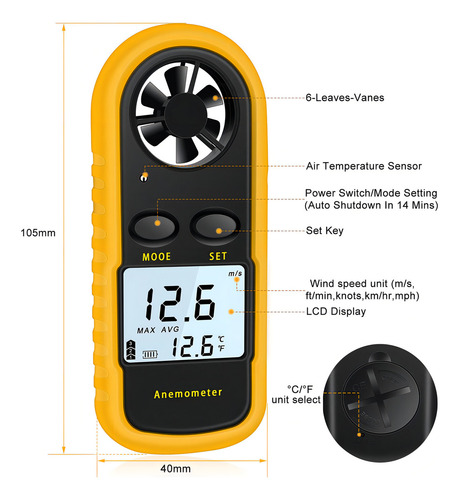 Anemómetro De Mano, Nice-power Medidor Digital De Velocidad Del Viento Velocidad Del Flujo De Aire Para Medir La Temperatura De La Velocidad Del Viento Y La Sensación Térmica, Medidor De Viento