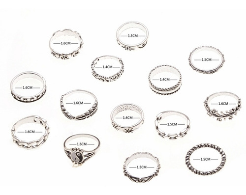 Conjunto Set Anillos Ying Yang Elefante Plateado