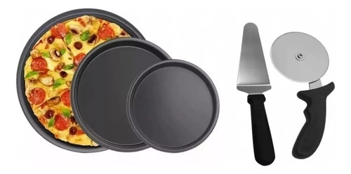 Set De 3 Charolas Para Pizza + Cortador Y Espátula