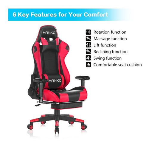 Silla Computadora Gamer Apoya Pies Hanko Modo Cine Roja