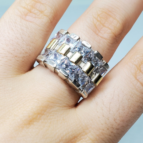 Imagen 2 de 10 de Anillo Plata Y Oro 2 Hileras Piedras Cuadradas Cubic
