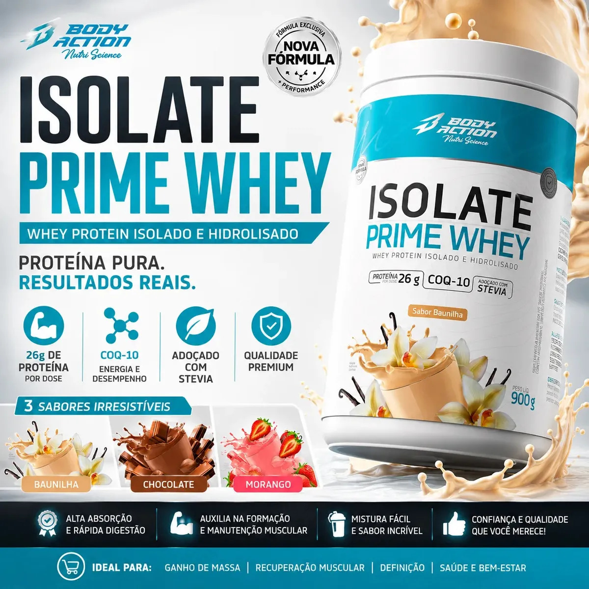 Proteína Bodyaction Nutri Science Isolate Prime Whey em pó sabor Morango x 900g