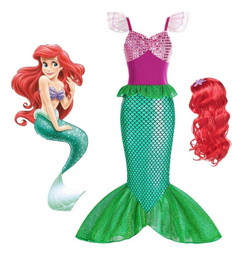 Vestido De Princesa Sirena Ariel Para Niña Con Peluca