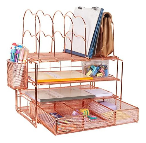 Organizador De Escritorio De Color Oro Rosa Con Soporte Para