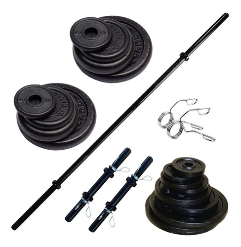 Kit Barra Maciza + 2 Mancuernas Macizas + 60 Kg Discos Gym