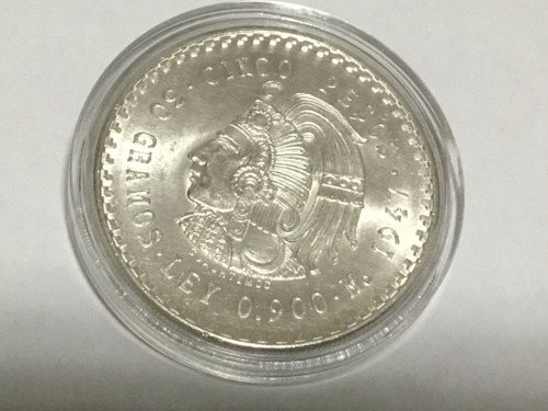 Cuauhtémoc Cinco Pesos 1947 Original De Plata