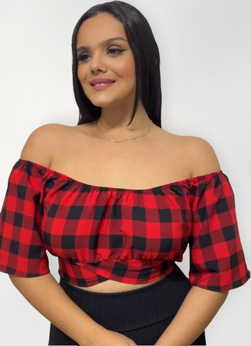 Cropped Blusa Xadrez Com Manga Princesa