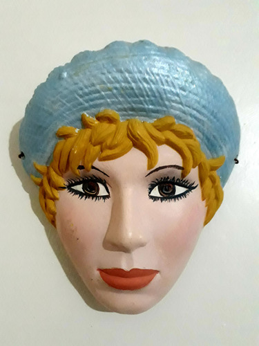 Adorno En Cerámica Rostro De Mujer Gorro Celeste