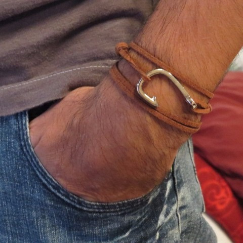 Pulsera Muñequera Hombre Anzuelo Cuero Gamuza Regulable