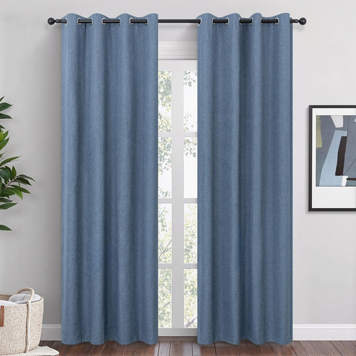 Paneles De Cortinas Opacas De Lino Azul De 90 Pulgadas De L