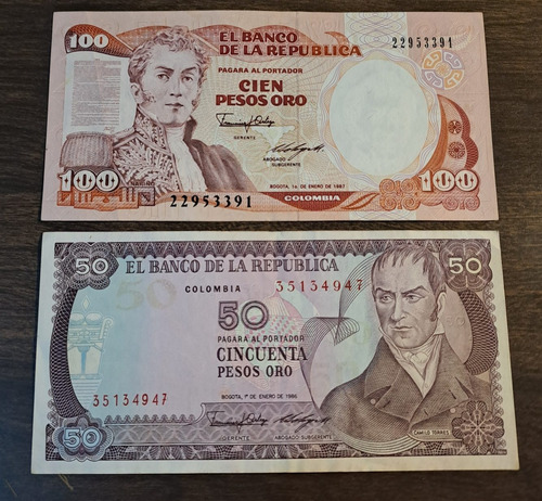 Colombia X 2 Billetes 50 Pesos 1986 Y 100 Pesos Oro 1987.