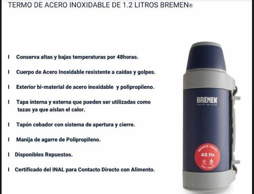 Imagen 3 de 8 de Termo Acero Inoxidable 1.2 Lts + Yerbera H/48 Hs Bremen 7133