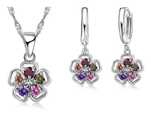 Conjunto De Plata 925 (flor Multicolor)