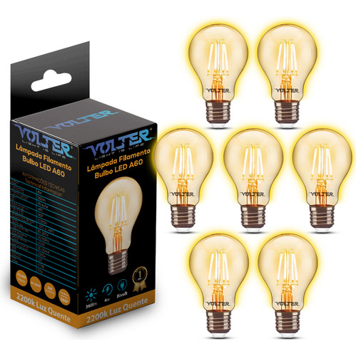 Kit 7 Lâmpada Led Filamento A60 4w Bivolt E27 2200k 360lm