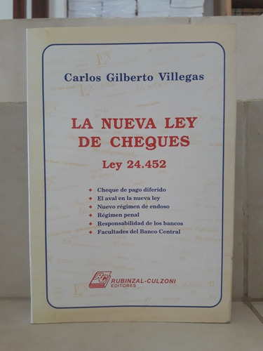 Derecho. Ley De Cheques 24452. Carlos Gilberto Villegas (Usado)