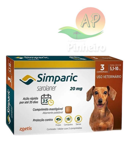 Caja antipulgas Simparic de 20 mg con paquete de 3 para perros de 5,1 a 10 kg