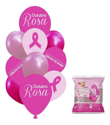 Buquê Outubro Rosa 10 Balões Bexiga Decoração Enfeite