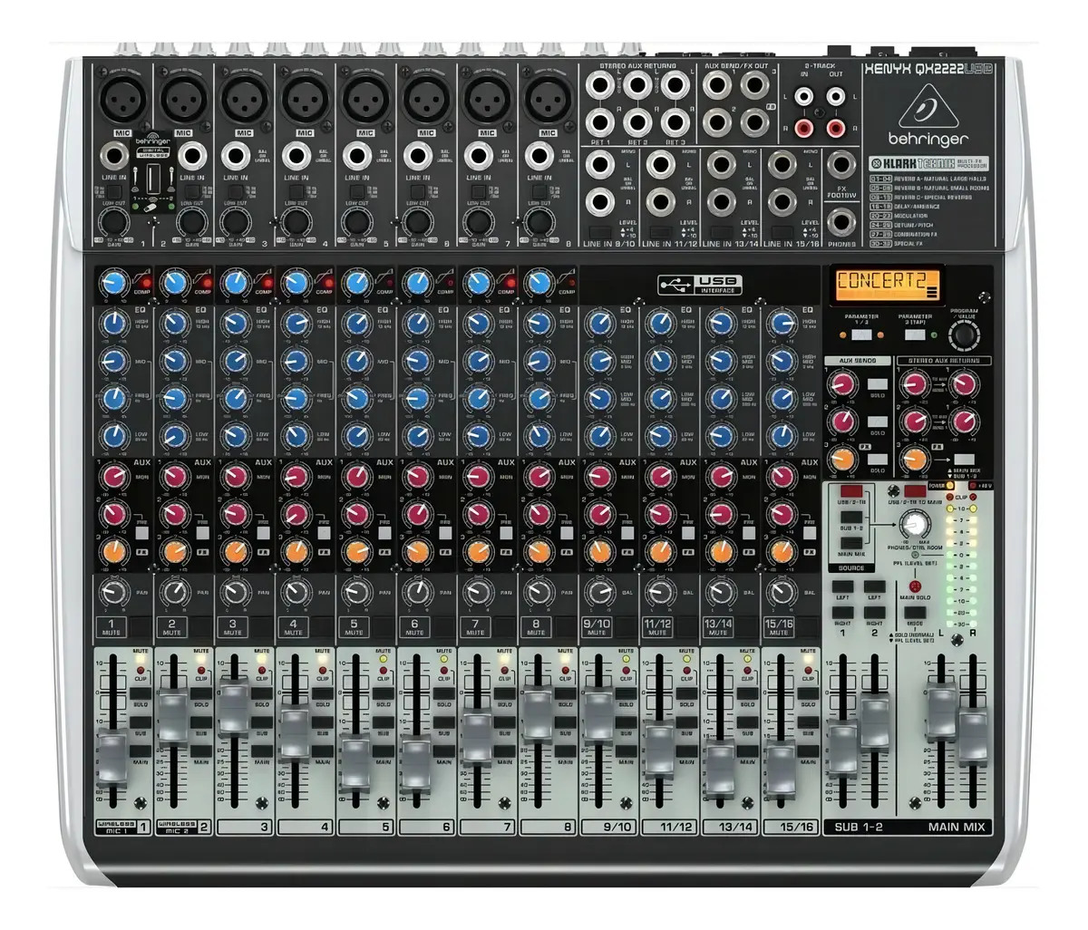 Mezcladora Analógica Behringer QX2222USB de 22 Canales con Efectos Klark Teknik