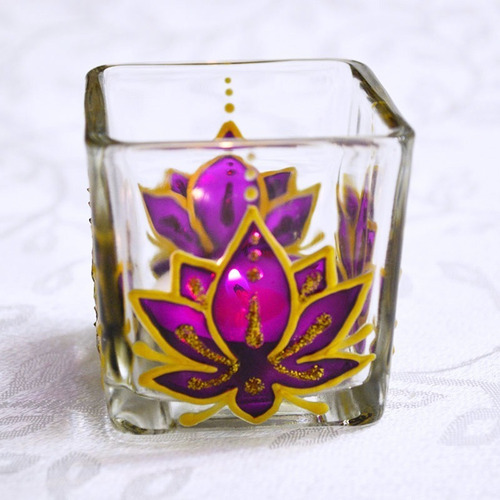 Imagem 2 de 9 de Porta Vela De Vidro, Flor De Lótus Na Cor Fucsia