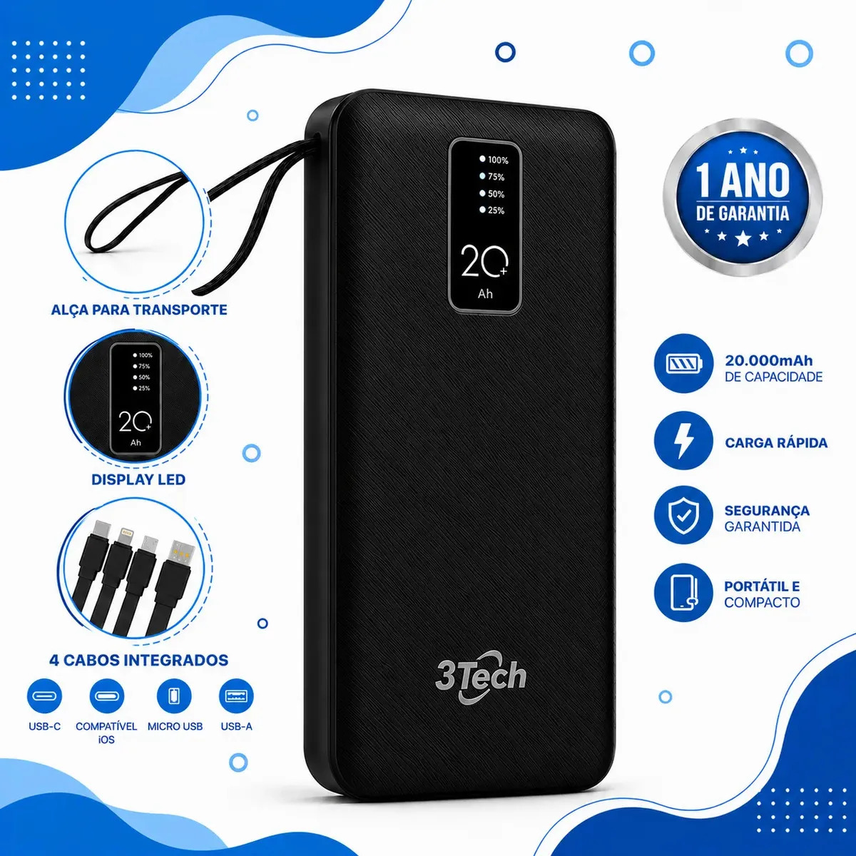 Power Bank 20000mah Carregador Portátil 4 Cabos Integrados Visor…