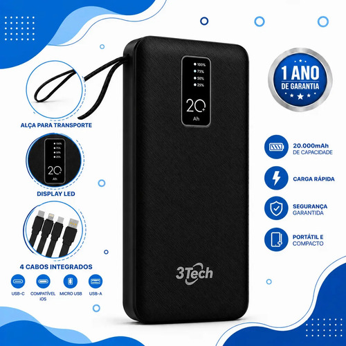 Power Bank 20000mah Carregador Portátil 4 Cabos Integrados Visor Digital Lanterna Led Usb Tipo C Compatível iPhone Samsung Xiaomi Android Bateria Externa Carrega 4 Dispositivos Preto