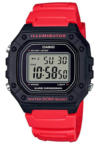 Relógio de pulso Casio Youth W-218H com corpo preto,  digital, para masculino, fundo  cinza, com correia de resina cor vermelho, subdials de cor preto, ponteiro de minutos/segundos preto, bisel cor preto, luz âmbar e fivela simples