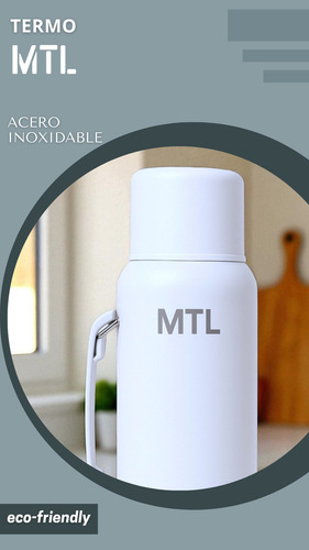 Termo Mtl 1 Litro Acero Inoxidable Color Blanco Tapa Vaso Cebador Doble Pared Ligero 24hs Frio Calor Mate Camping Oficina Compacto Manija Facil De Limpiar