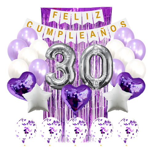 Combo Kit Feliz Cumple Deco Fiesta Violeta, Blanco Y Lila