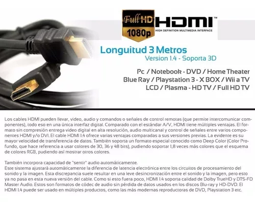 Cable Hdmi 3 Metros V1.4 Full Hd 1080p 3d Doble Filtro Kolke