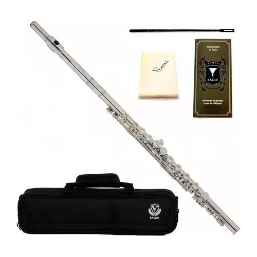 Flauta Transversal Eagle Em Dó Prateada  + Case Luxo 