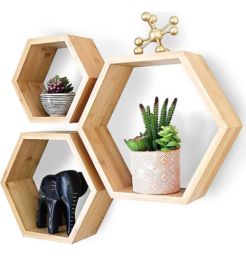 Estantes Flotantes Hexagonales Bambu Para Decoracion Pared J