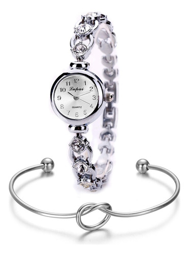 Kit Relógio Prata Feminino De Pulso Pedras Strass + Pulseira Correia Prateado Bisel Prateado Fundo Prateado