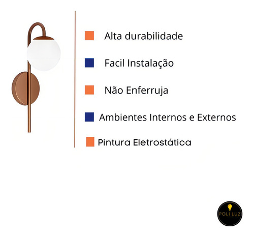Kit 2 Arandelas Parede Globo Quarto Cobre Fosco + 2 Lâmpadas Cor Cobre