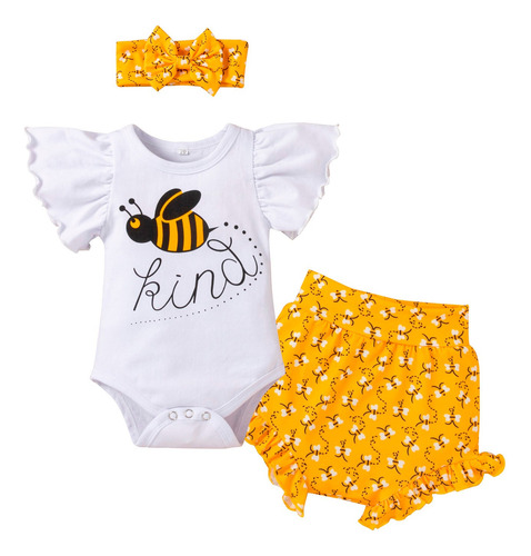 Traje Cómodo De Tres Piezas Con Estampado De Abeja Y Bonito